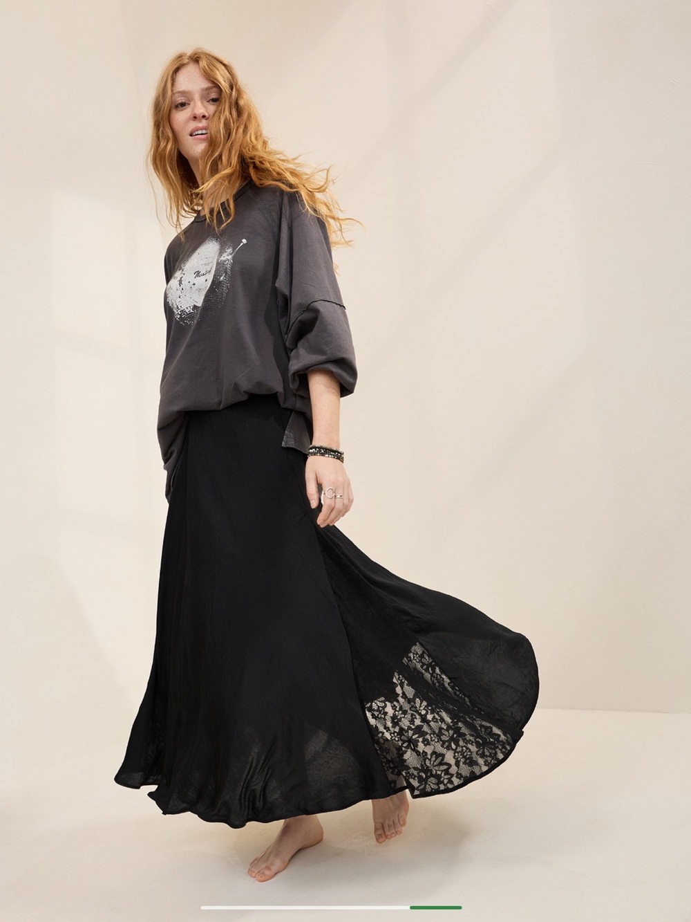 aerie Black Maxi Skirt with Lace Panel
